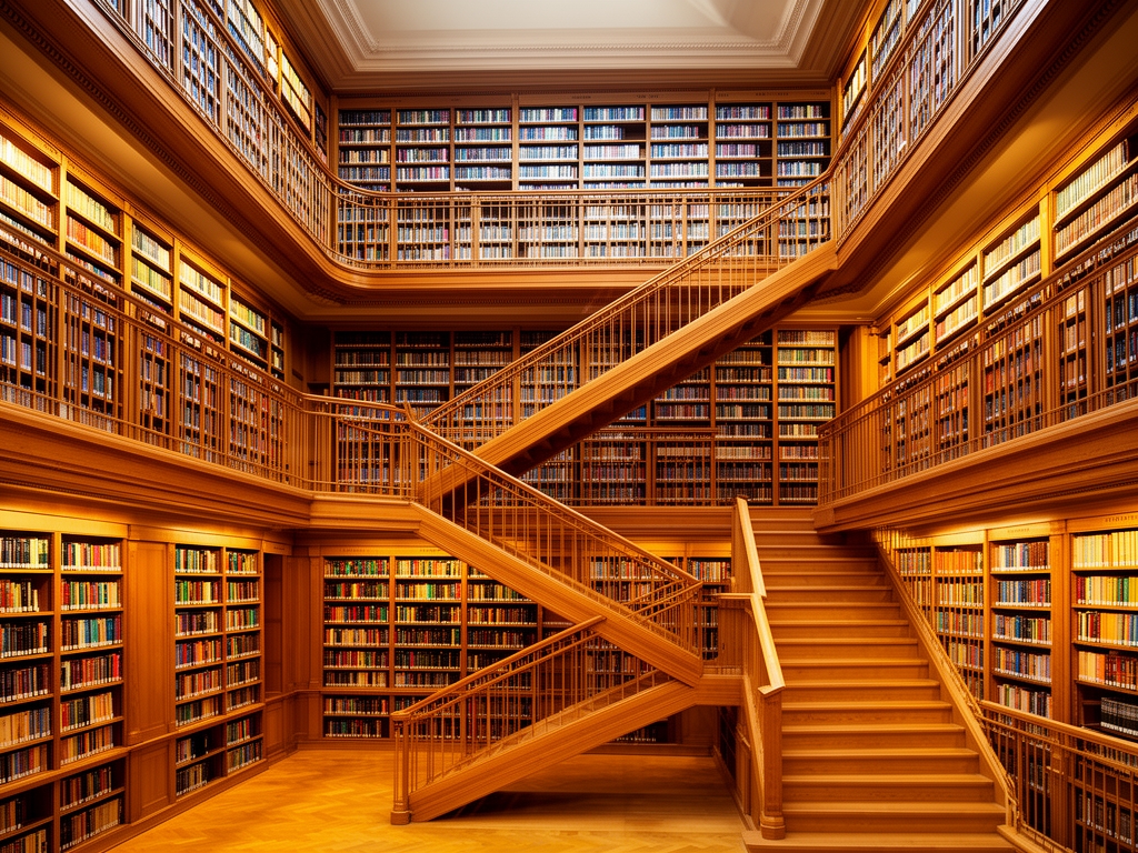 Visoka naučna biblioteka sa zidovima punim knjiga, drvenim stepenišnim galerijama i toplim svetlom koje stvara ambijent kurirane akademske institucije