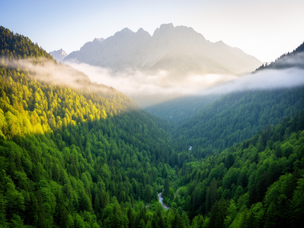 Mirna planinska dolina sa gustim zelenim šumama i maglovitim vrhovima u ranom jutarnjim svetlom, simbolizujuci prirodni balans i vitalnost