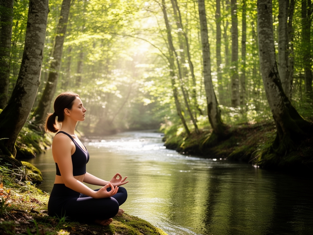 Osoba u meditativnoj pozi pored mirnog potoka u bukovoj šumi, sa mekim jutarnjim svetlom koje prolazi kroz lišće