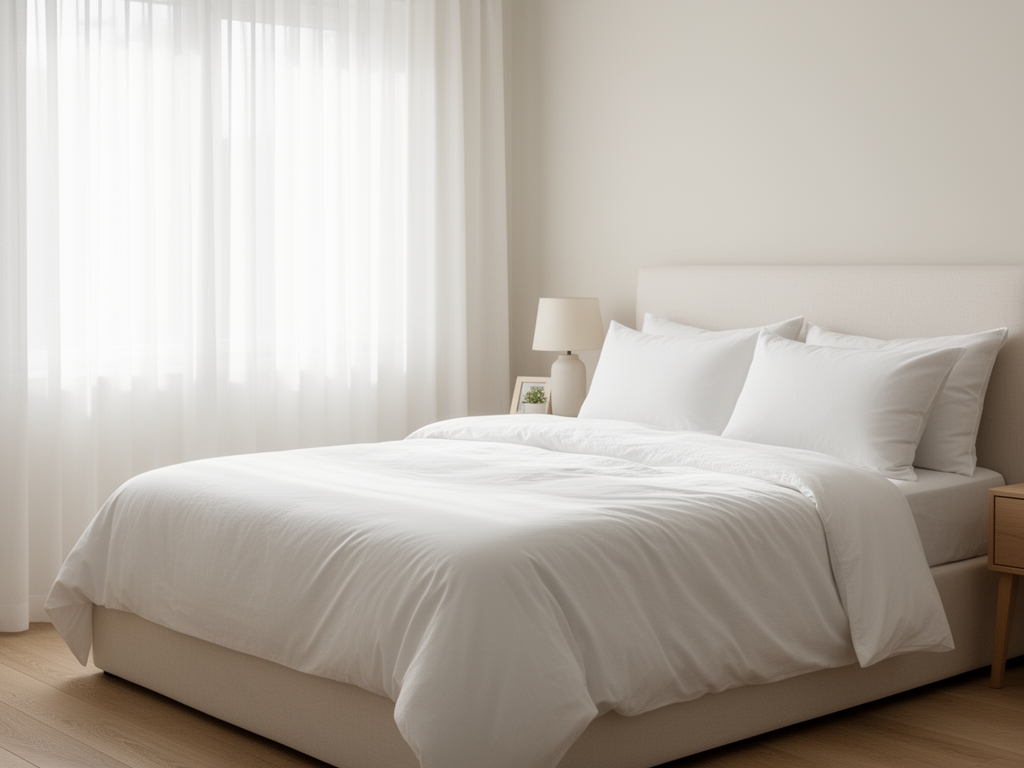 Mirna spavaća soba sa mekim prirodnim jutarnjim svetlom kroz zastore, beli posteljina i tiha atmosfera koja simbolizuje kvalitetan san i oporavak