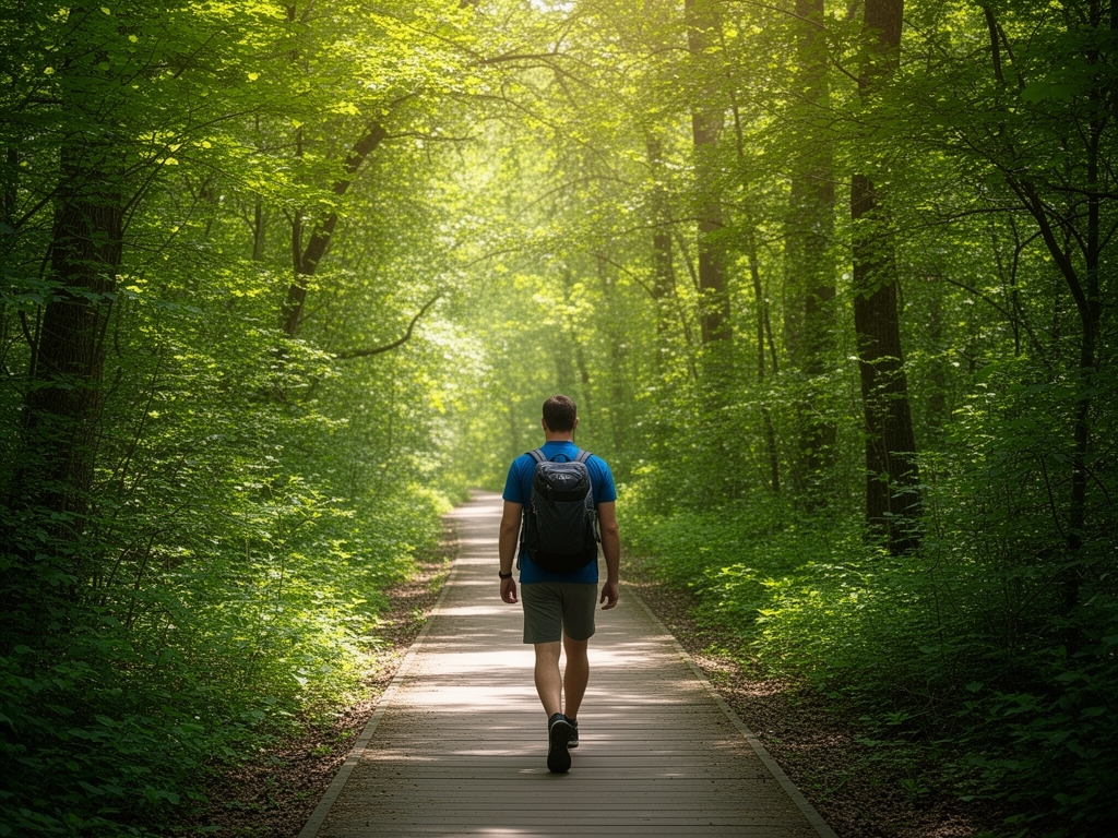 Osoba koja šeta po pešačkoj stazi kroz zelenu šumu sa filtriranim svetlom, prikazana od nazad, uronjena u prirodno okruženje